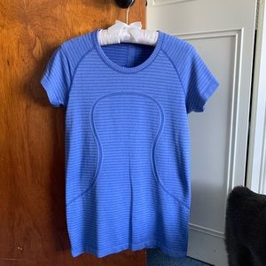 Lululemon, beautiful blue, short sleeved top.